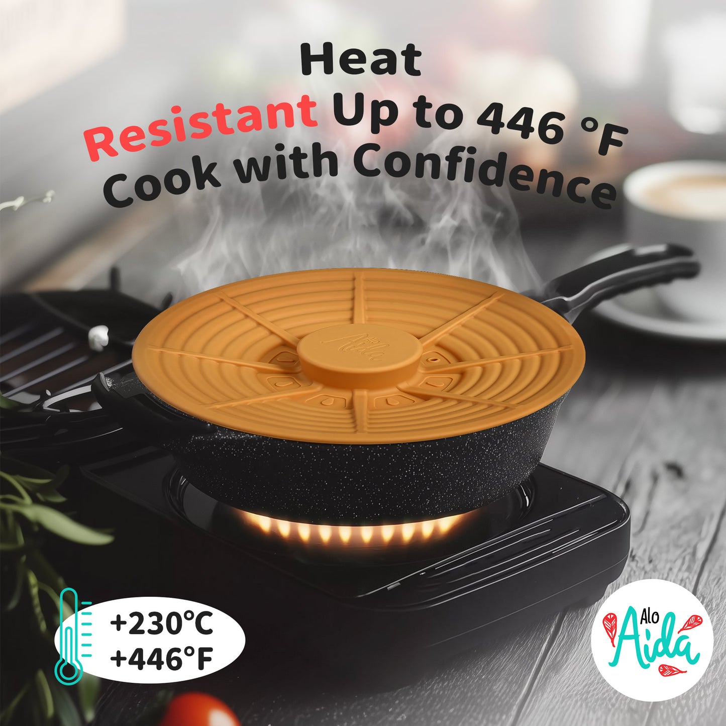 Alo Aida Food Safe Universal Cooking Lid – 4" 5" 6" 7" and 8" Yellow Turmeric Silicone, BPA-Free Heat-Resistant, Multipurpose Cover for Skillets/Woks, Microwave/Dishwasher Safe