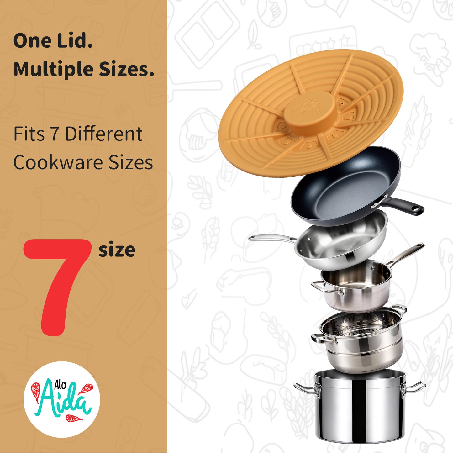 Alo Aida Food Safe Universal Cooking Lid – 4" 5" 6" 7" and 8" Yellow Turmeric Silicone, BPA-Free Heat-Resistant, Multipurpose Cover for Skillets/Woks, Microwave/Dishwasher Safe