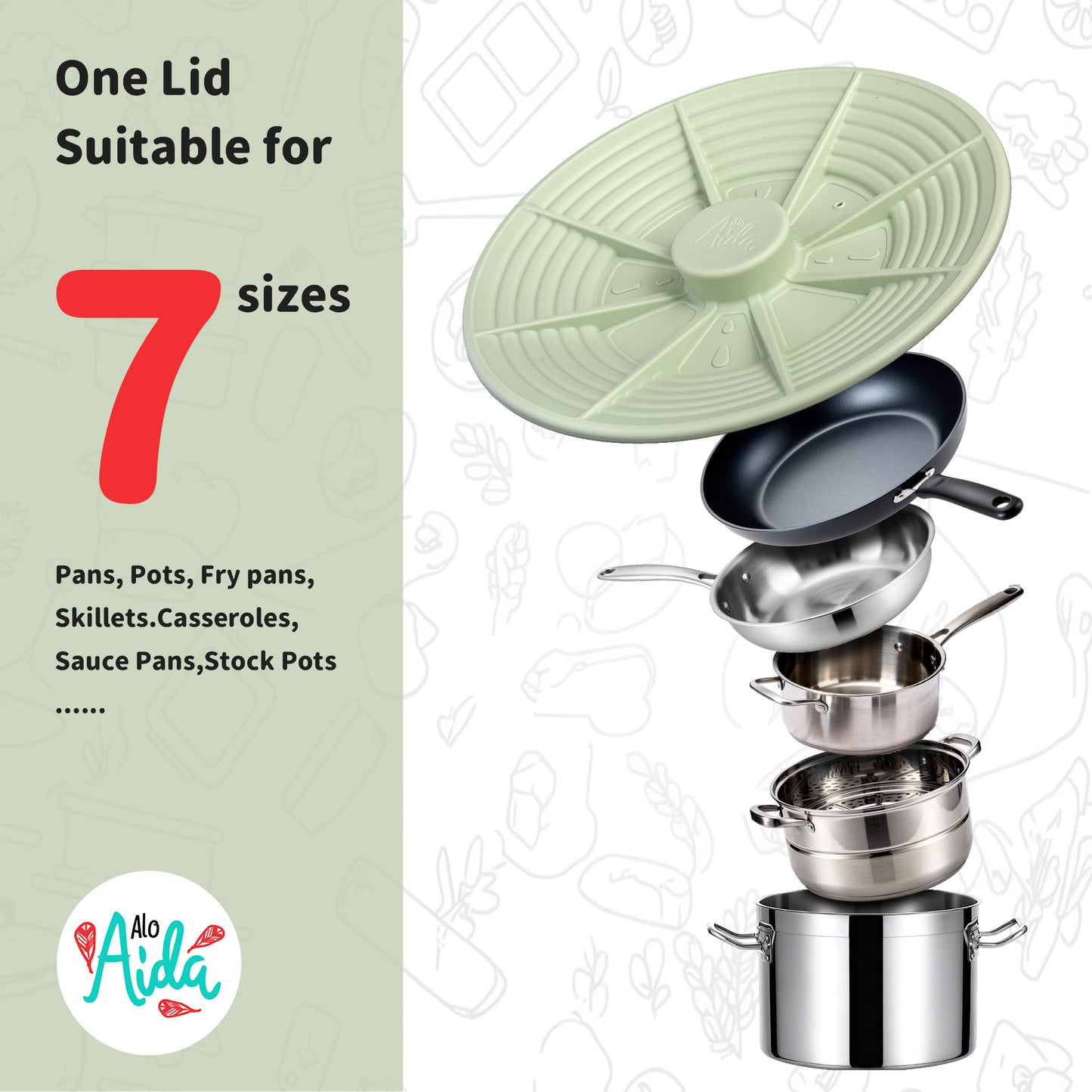 ALO AIDA Universal Silicone Lid for Pots, Pans & Cookware – FDA Food-Grade Silicone, BPA-Free, Fits 7-11 Inch, Compatible with Frying Pans, Cast Iron & Skillets