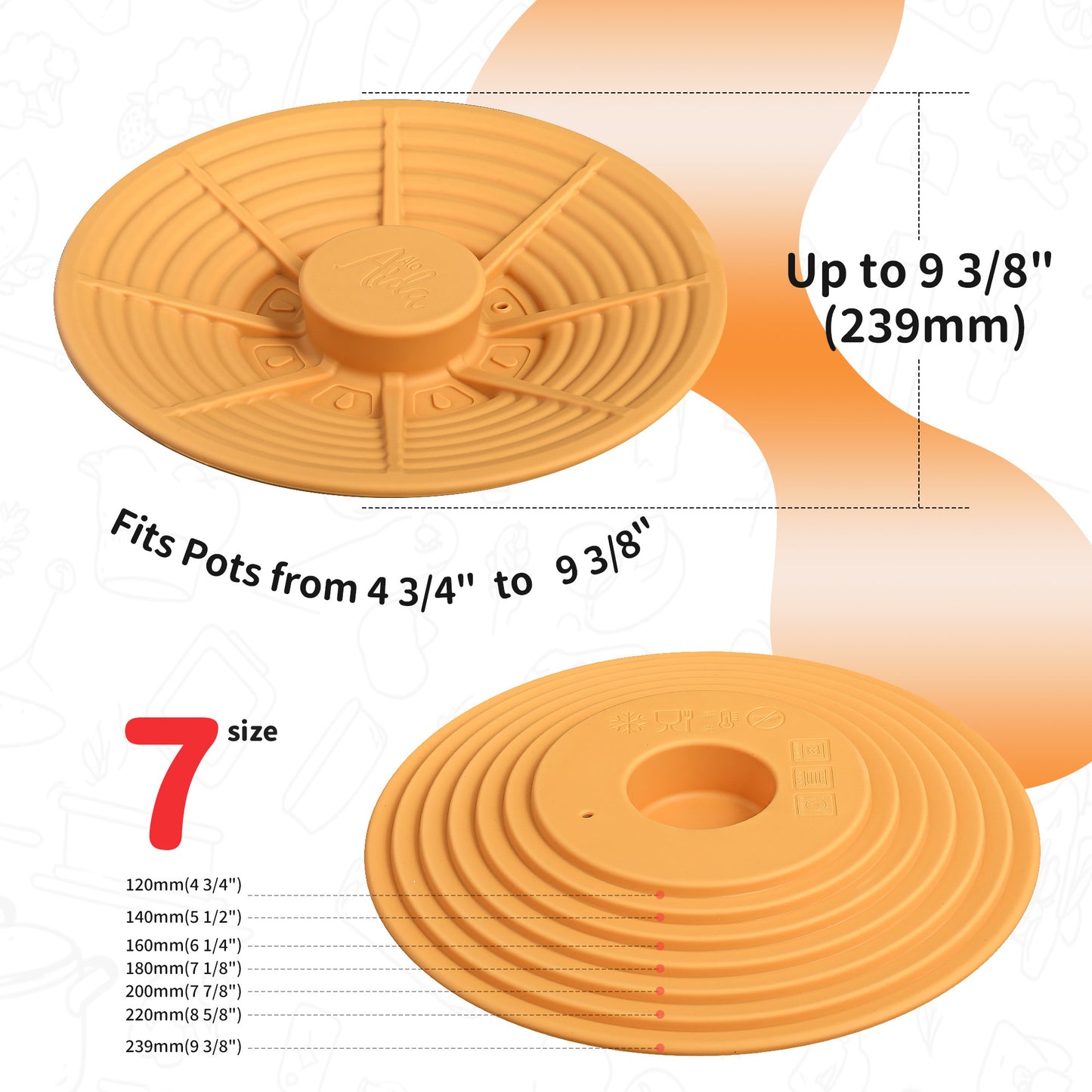 Alo Aida Food Safe Universal Cooking Lid – 4" 5" 6" 7" and 8" Yellow Turmeric Silicone, BPA-Free Heat-Resistant, Multipurpose Cover for Skillets/Woks, Microwave/Dishwasher Safe
