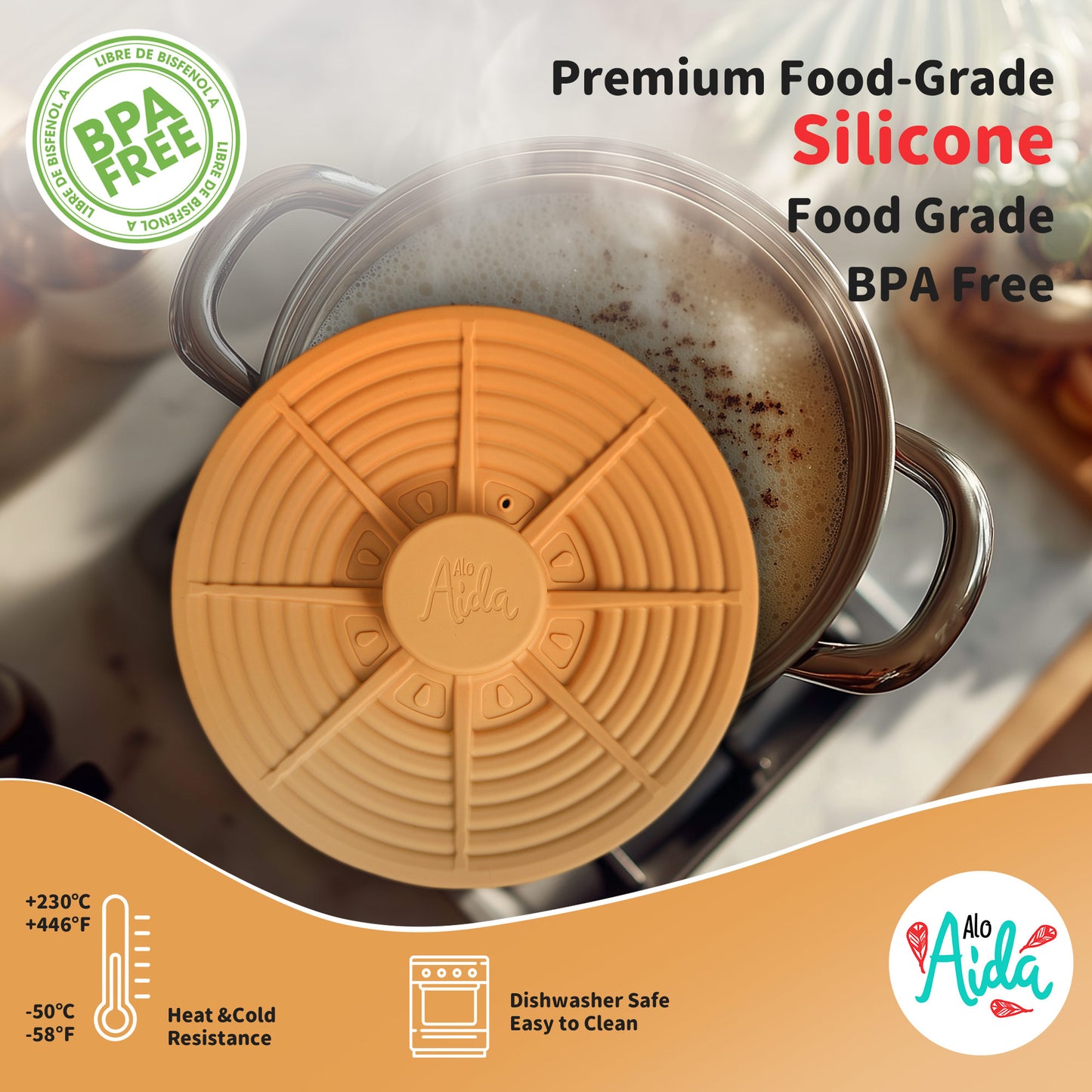 Alo Aida Food Safe Universal Cooking Lid – 4" 5" 6" 7" and 8" Yellow Turmeric Silicone, BPA-Free Heat-Resistant, Multipurpose Cover for Skillets/Woks, Microwave/Dishwasher Safe